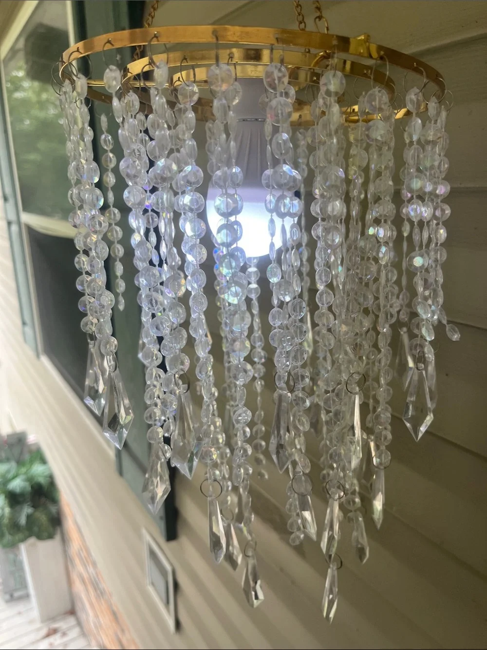 Battery operated Hanging Crystal Bead Chandelier with Gold Frame
